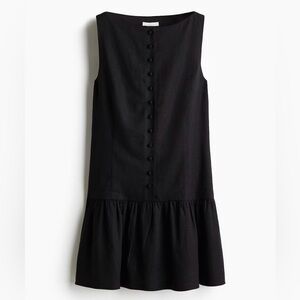 Black Drop Waist Linen Button Down Dress